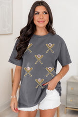 Gray Sequined Game Day Casual Tee Graphic Tees JT's Designer Fashion