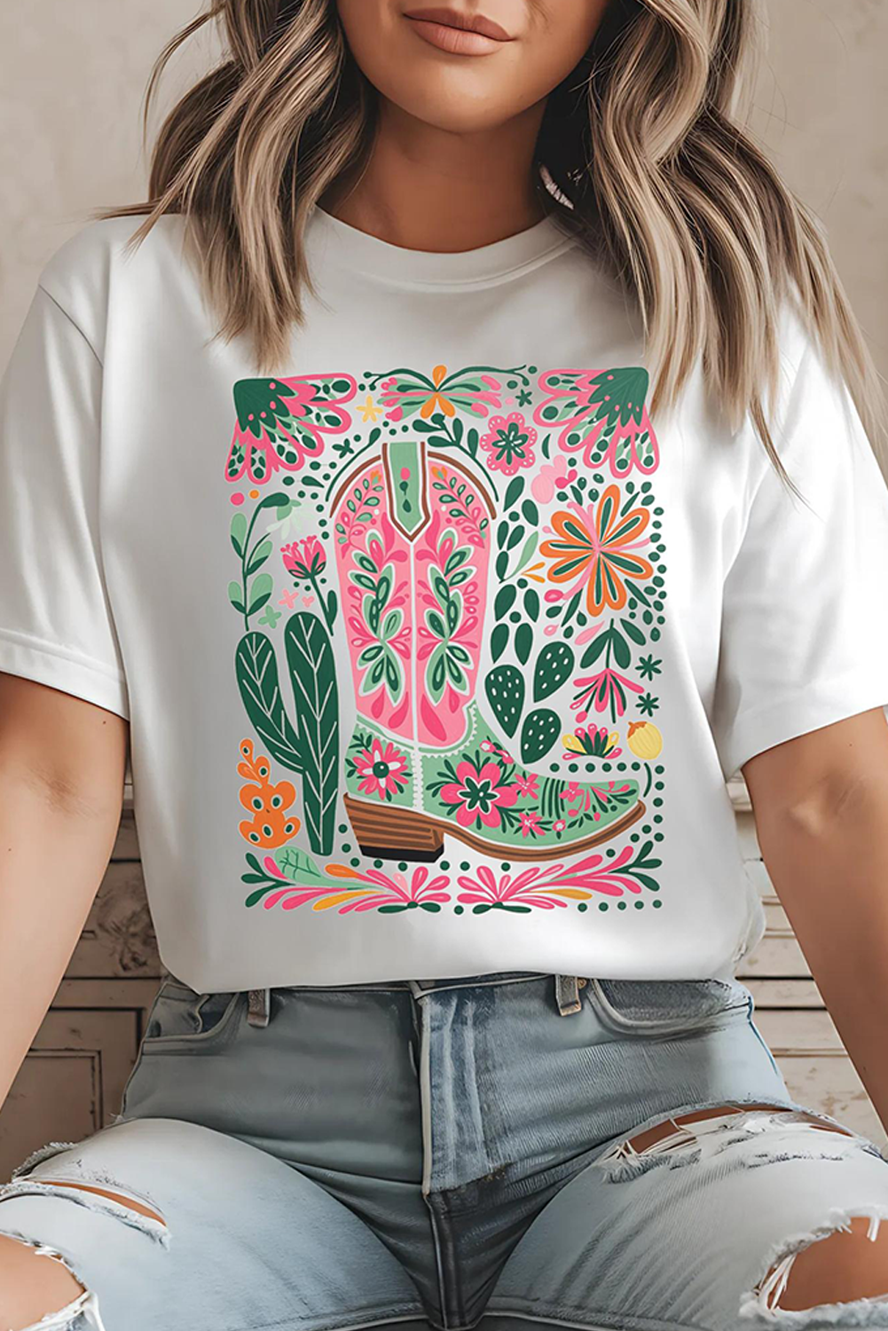 White Western Boot Flower Print Crew Neck Loose Tee Graphic Tees JT's Designer Fashion