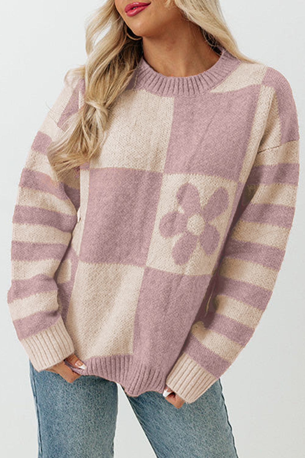 Orchid Petal Checkered Floral Print Striped Sleeve Sweater Orchid Petal 100%Polyester Sweaters JT's Designer Fashion