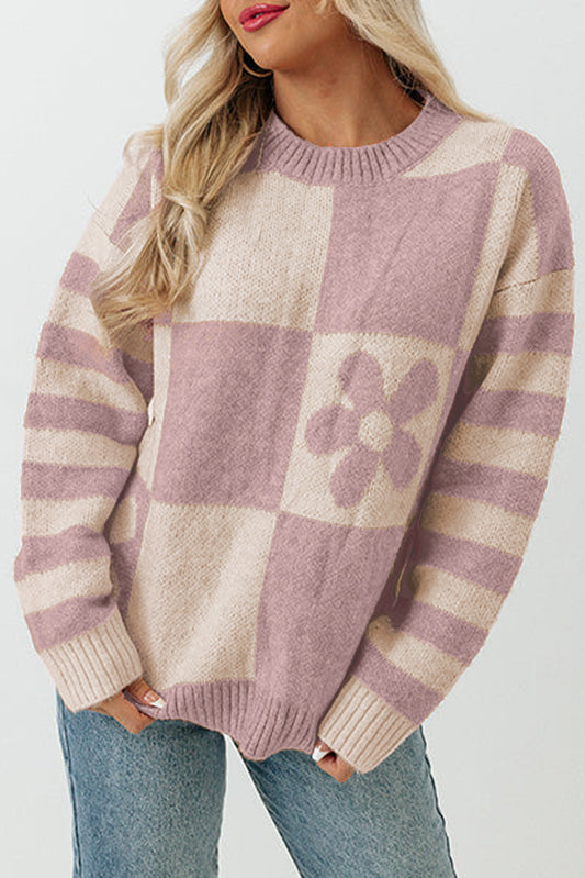 Orchid Petal Checkered Floral Print Striped Sleeve Sweater Orchid Petal 100%Polyester Sweaters JT's Designer Fashion