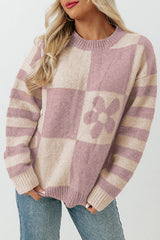 Orchid Petal Checkered Floral Print Striped Sleeve Sweater Orchid Petal 100%Polyester Sweaters JT's Designer Fashion