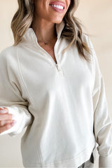 White Zipped Neck Pullover Drop Shoulder Sweatshirt Sweatshirts & Hoodies JT's Designer Fashion