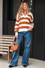 Brown Stripe Ribbed Polo Collar Drop Shoulder Sweater Sweaters JT's Designer Fashion