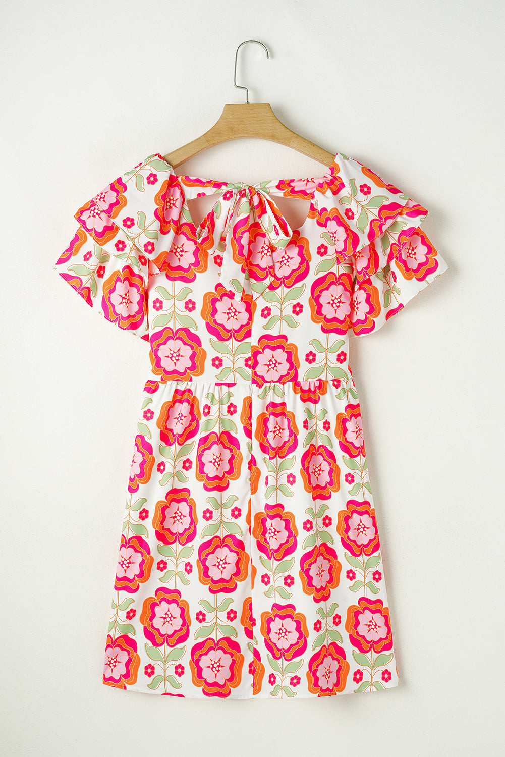 Rose Floral Print Square Neck Lace up Back Ruffled Sleeve Dress Floral Dresses JT's Designer Fashion