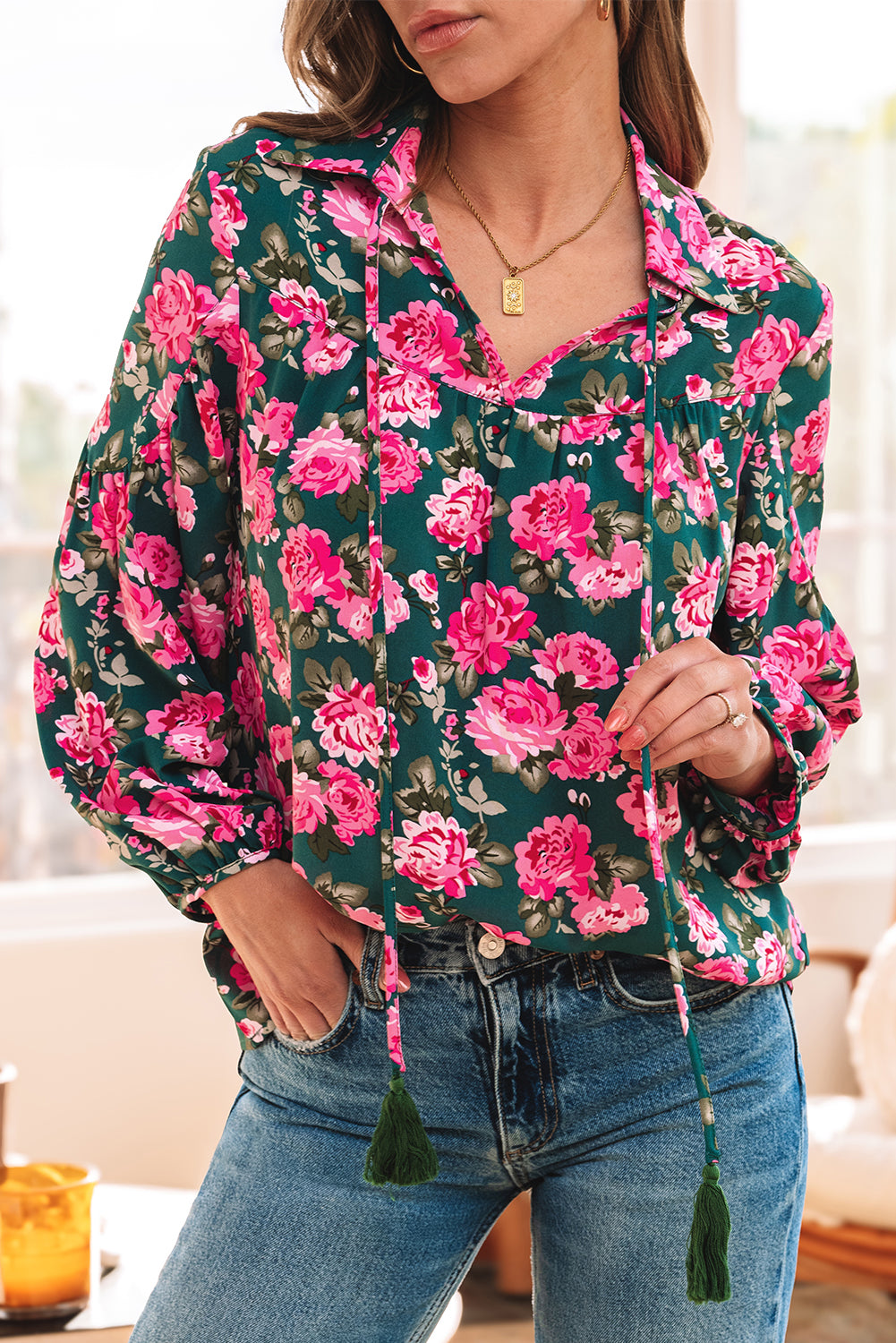 Green Floral Printed Tied Collar Puff Sleeve Blouse Blouses & Shirts JT's Designer Fashion