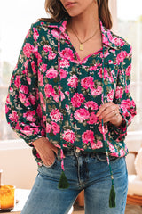 Green Floral Printed Tied Collar Puff Sleeve Blouse Blouses & Shirts JT's Designer Fashion