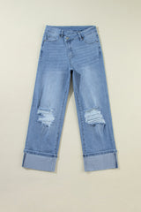 Dusk Blue High Rise Asymmetric Button Zip Fly Ripped Jeans Jeans JT's Designer Fashion