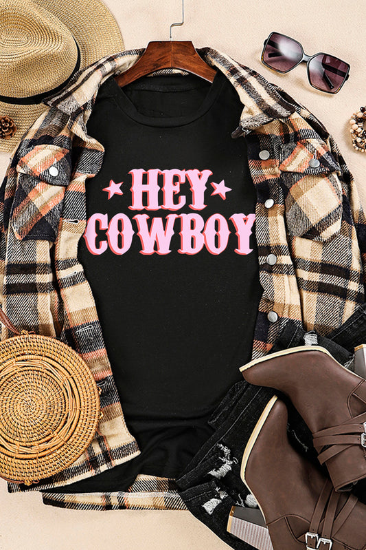 Black HEY COWBOY Graphic Crew Neck T-shirt Graphic Tees JT's Designer Fashion