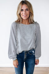 Light Grey Waffle Patchwork Long Sleeve Raw Hem Pullover Top Long Sleeve Tops JT's Designer Fashion