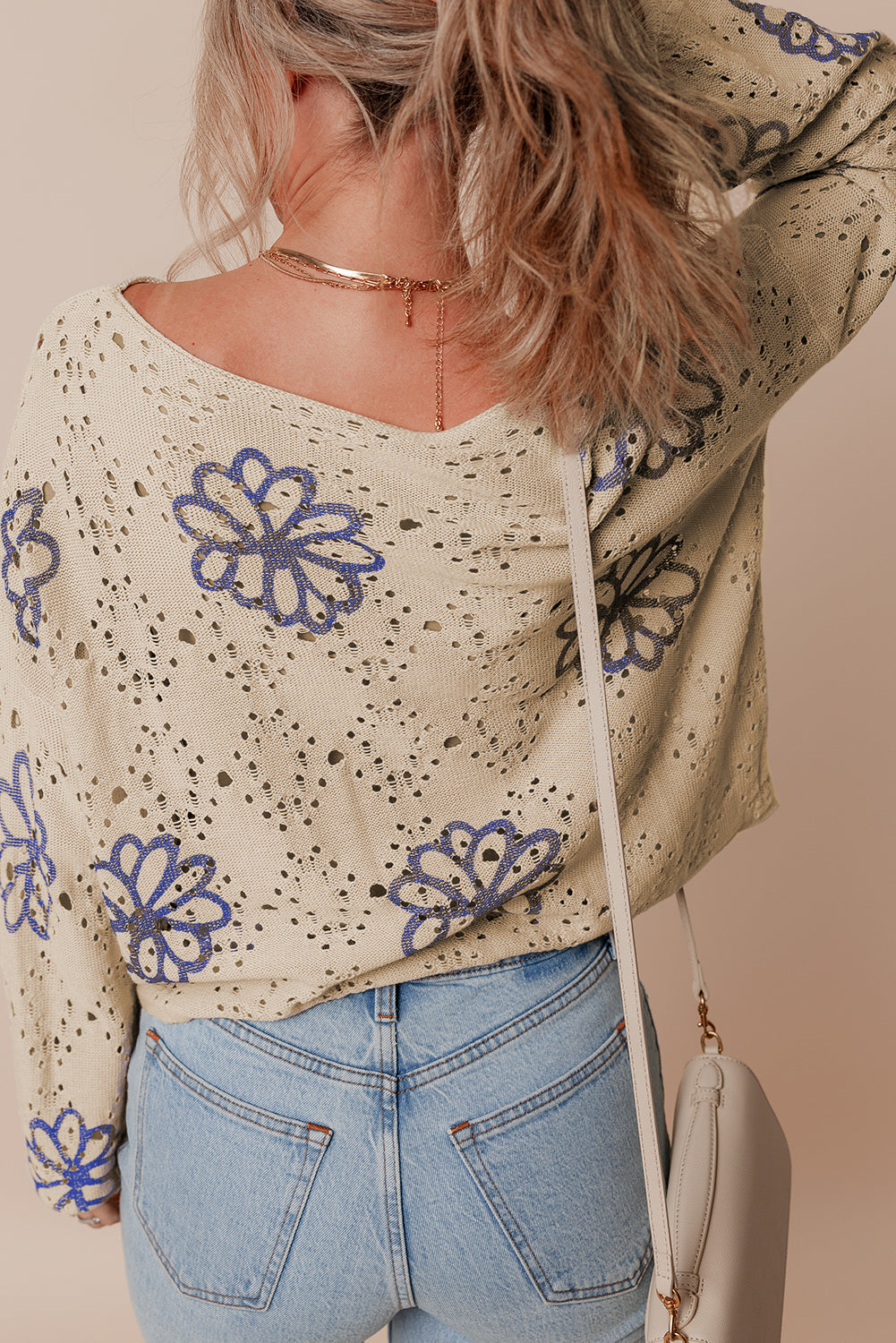 Beige Contrast Flower Print Eyelet Drop Shoulder Sweater Sweaters JT's Designer Fashion