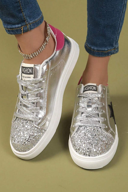 Silvery Metallic Luster Star Pattern Slip On Flat Shoes Women's Shoes JT's Designer Fashion