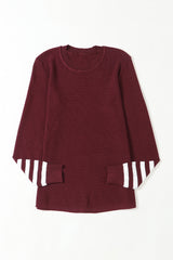 Red Striped Sleeve Plain Knit Sweater Sweaters JT's Designer Fashion