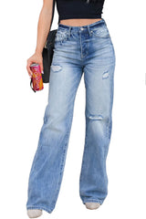 Light Blue High Rise Distressed Straight Leg Jeans Jeans JT's Designer Fashion