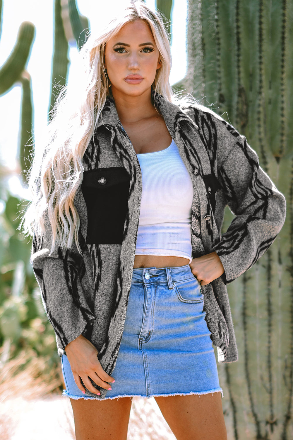 Gray Aztec Contrast Chest Pockets Loose Shacket Jackets JT's Designer Fashion