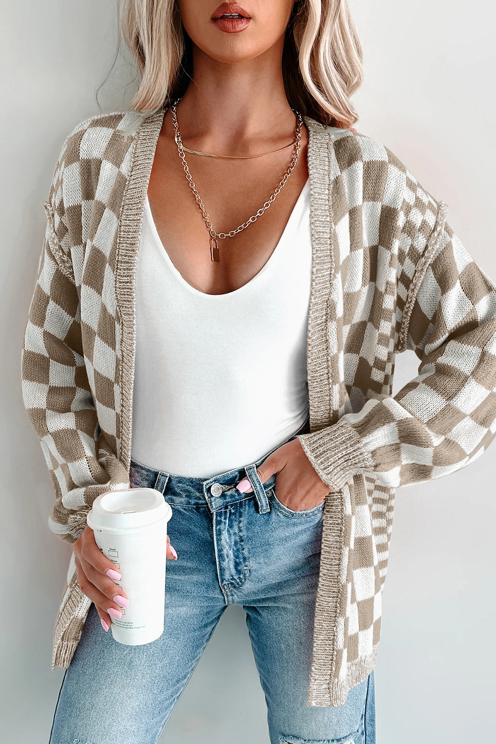 Brown Checkered Open Front Drop Shoulder Cardigan Brown 55%Acrylic+45%Cotton Cardigans JT's Designer Fashion