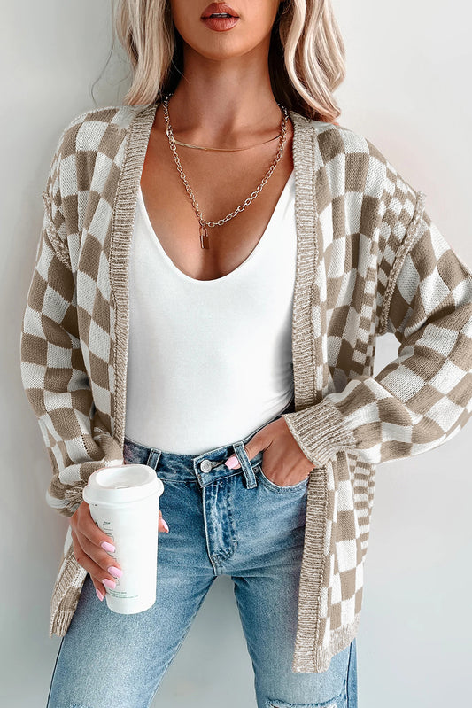 Brown Checkered Open Front Drop Shoulder Cardigan Brown 55%Acrylic+45%Cotton Cardigans JT's Designer Fashion