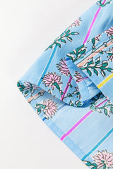 Sky Blue Floral Striped Print Shirred Yoke Split Neck Blouse Blouses & Shirts JT's Designer Fashion