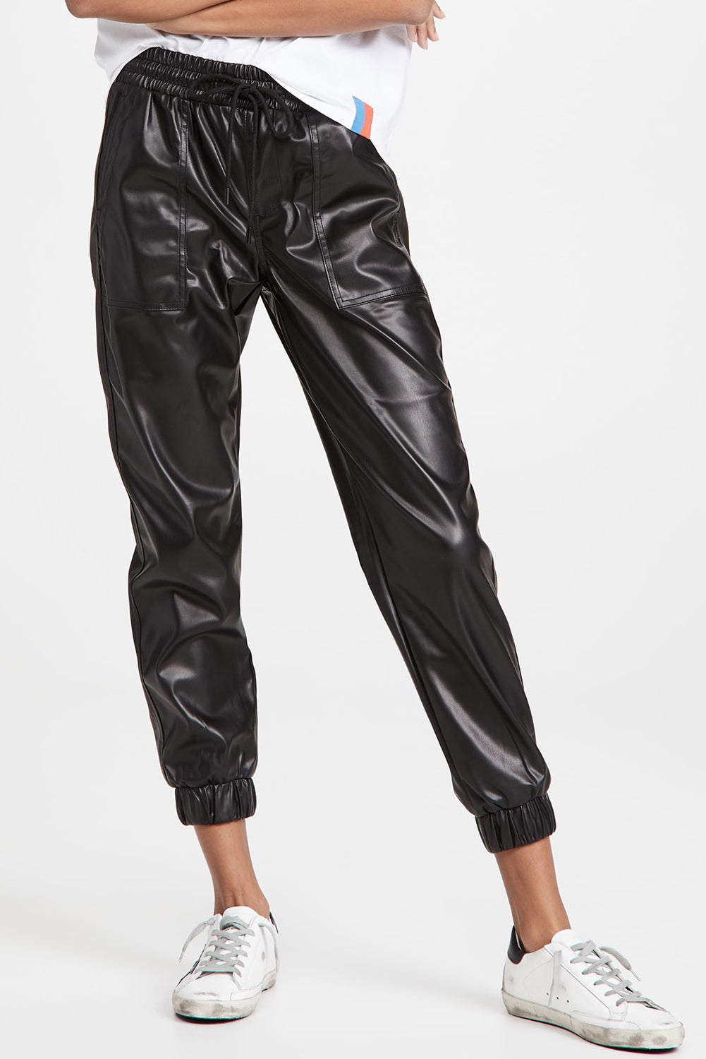 Black Faux Leather Ankle Smocked Waist Drawstring Joggers Pants & Culotte JT's Designer Fashion