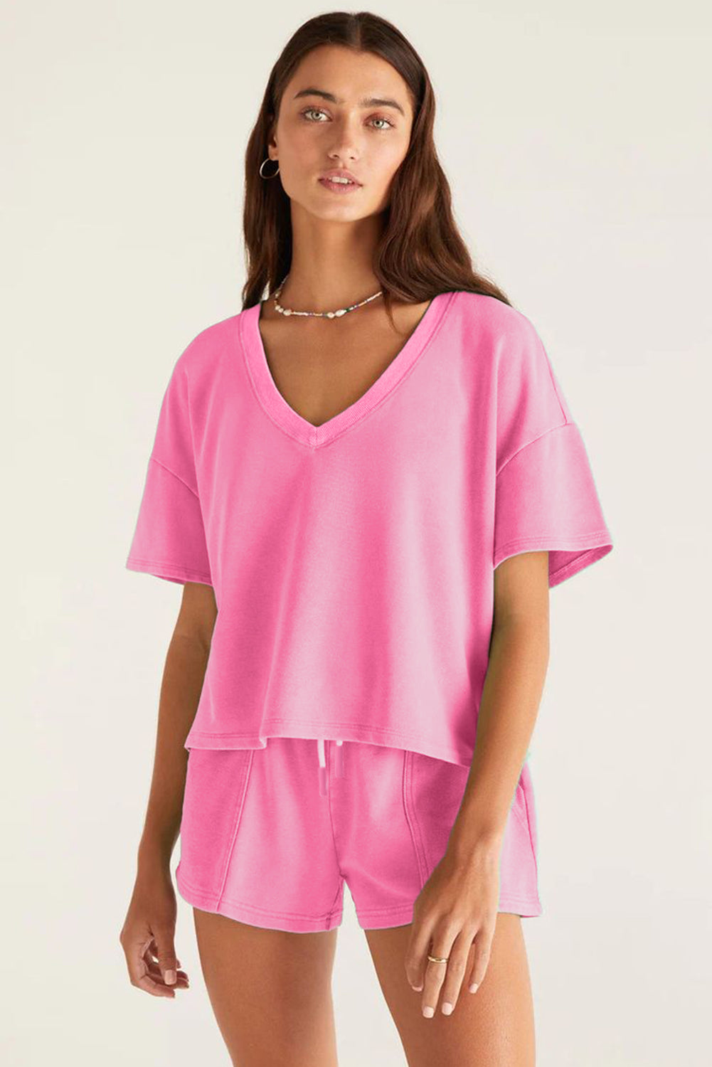 Bonbon V Neck Drop Shoulder Tee and Patchwork Drawstring Elastic Waistband Shorts Set Short Sets JT's Designer Fashion