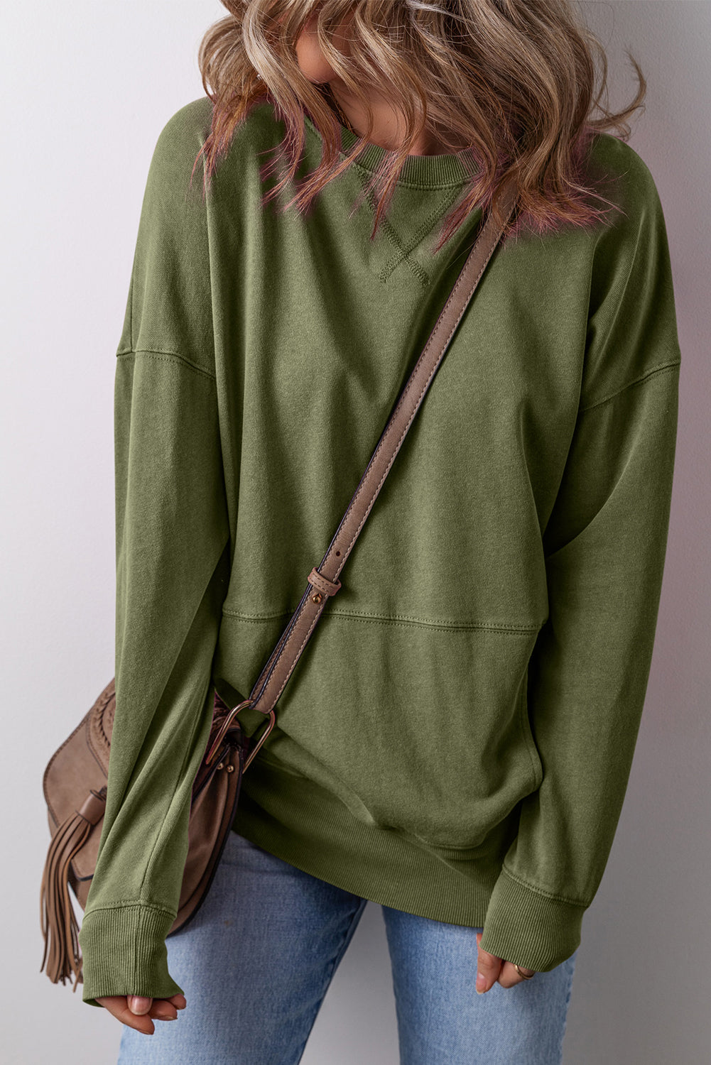 Vineyard Green Drop Shoulder Crisscross Stitching Pocketed Loose Sweatshirt Sweatshirts & Hoodies JT's Designer Fashion