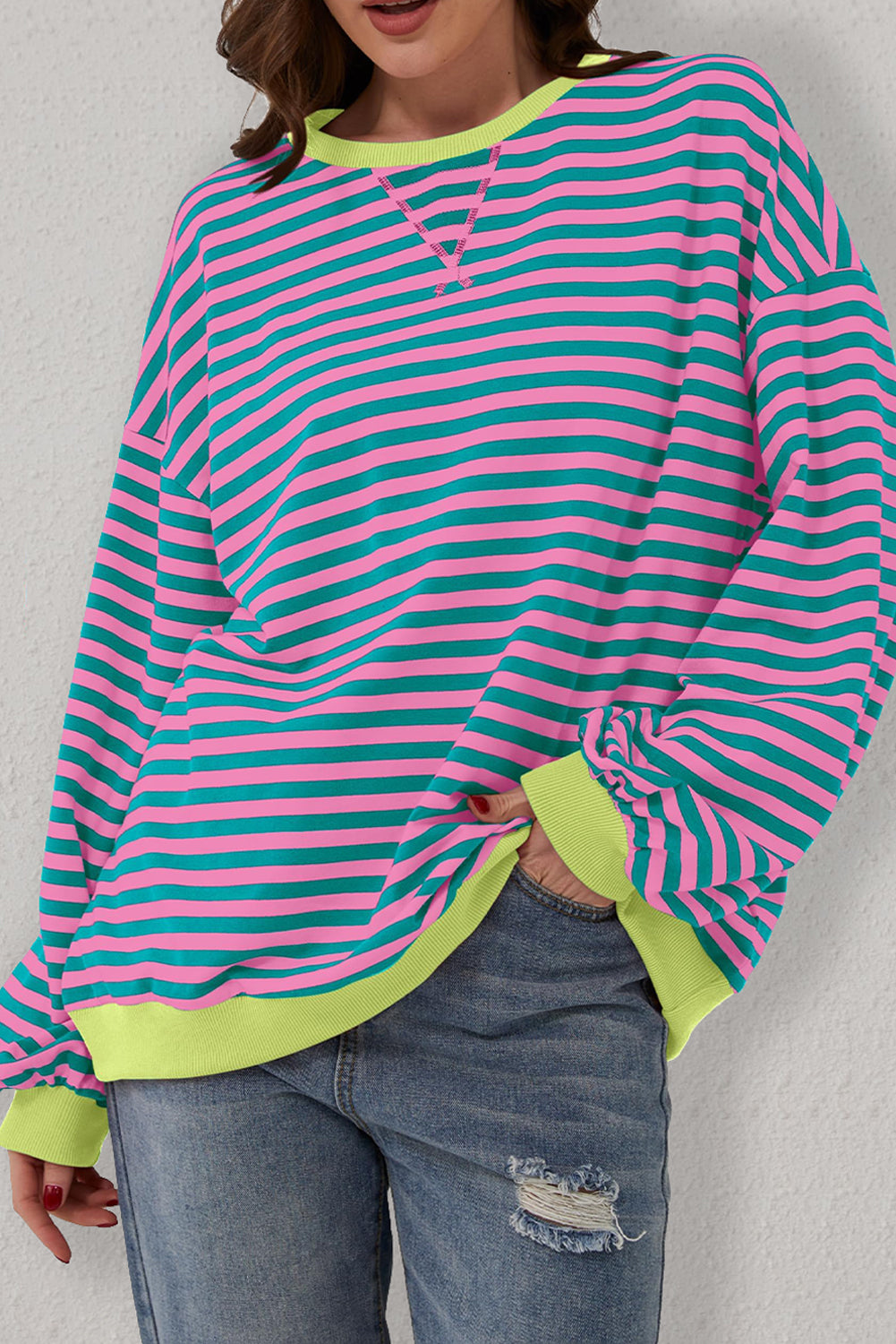 Green Stripe Oversized Contrast Trim Pullover Sweatshirt Sweatshirts & Hoodies JT's Designer Fashion