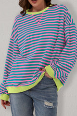 Green Stripe Oversized Contrast Trim Pullover Sweatshirt Sweatshirts & Hoodies JT's Designer Fashion