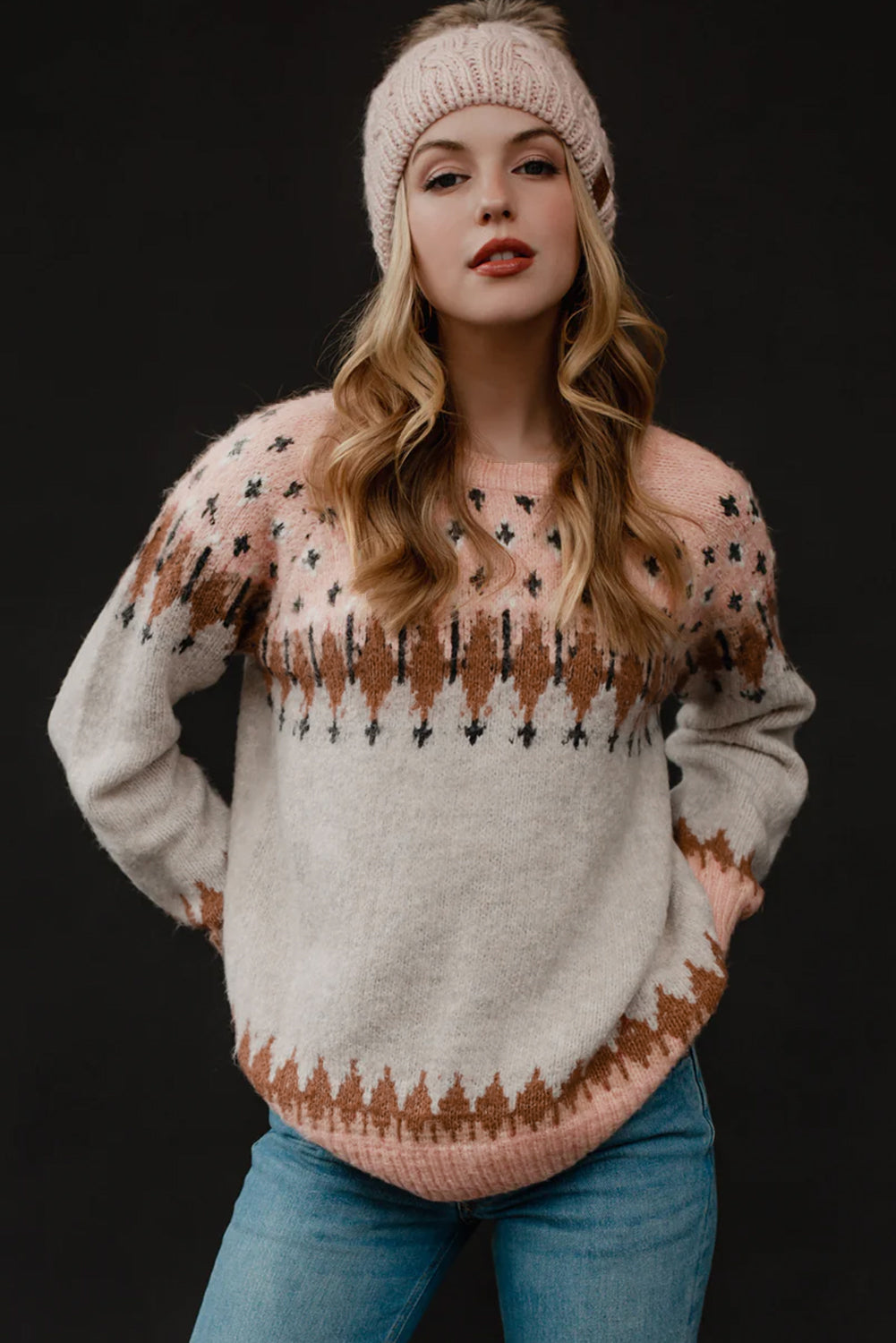 Multicolor Mixed Geometric Detail Raglan Sleeve Sweater Sweaters & Cardigans JT's Designer Fashion