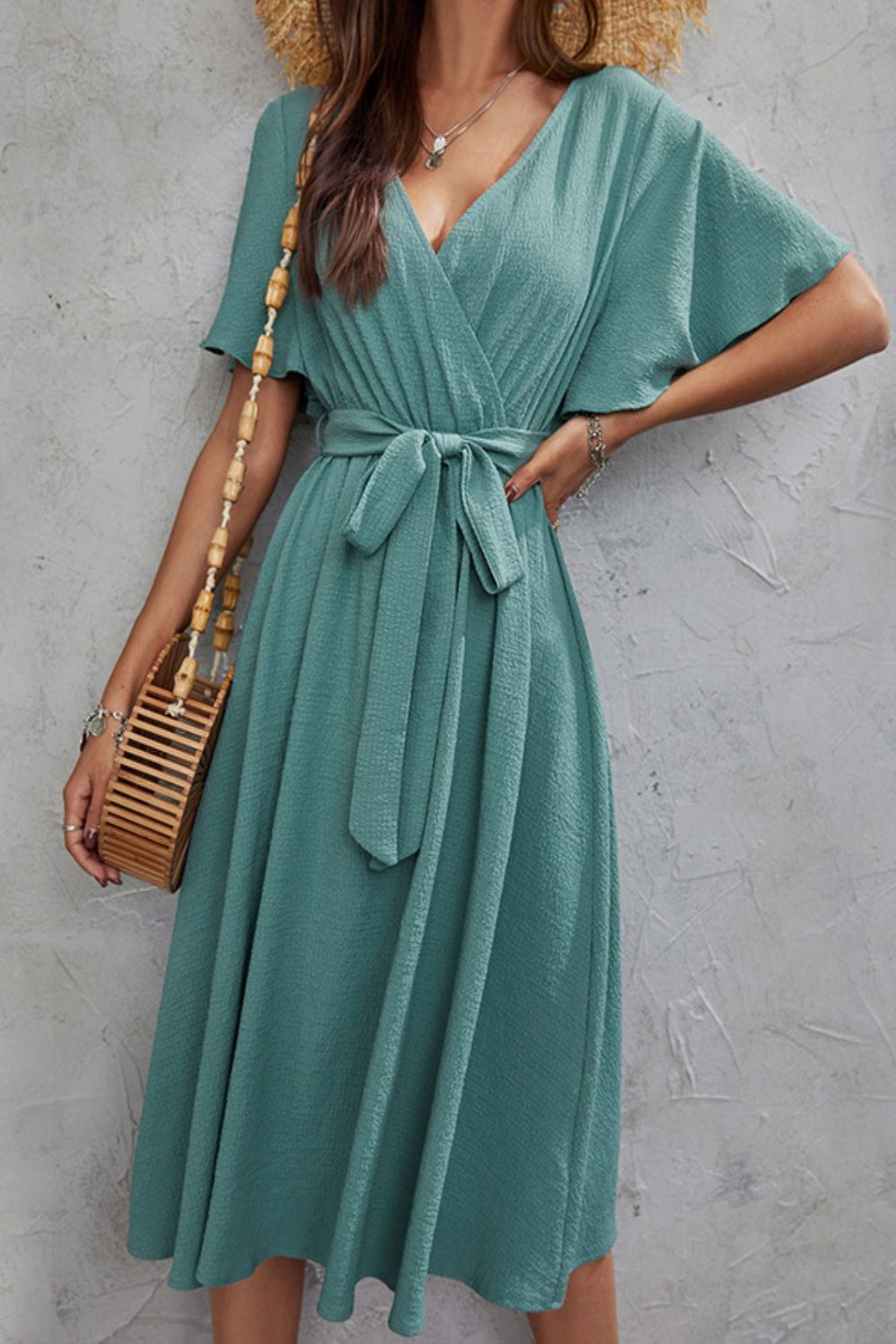 Surplice Flutter Sleeve Midi Dress Turquoise Midi Dresses JT's Designer Fashion