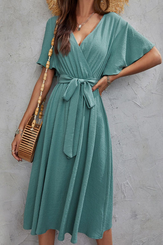 Surplice Flutter Sleeve Midi Dress Turquoise Midi Dresses JT's Designer Fashion