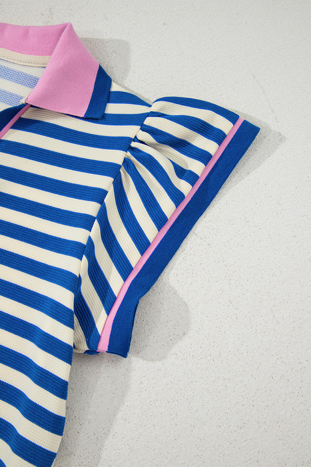 Dark Blue Stripe Print Contrast Collar Split Neck Flutter Sleeve Short Dress Mini Dresses JT's Designer Fashion