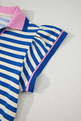 Dark Blue Stripe Print Contrast Collar Split Neck Flutter Sleeve Short Dress Mini Dresses JT's Designer Fashion