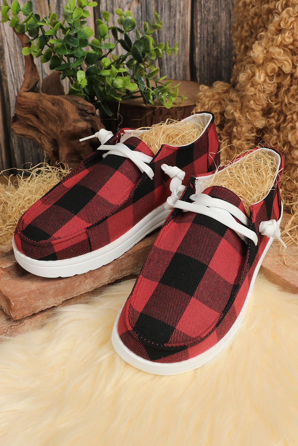 Fiery Red Vintage Plaid Lace Up Flat Shoes Women's Shoes JT's Designer Fashion