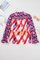 Rose Red Abstract Geometric Pattern Patchwork Puff Sleeve Blouse Blouses & Shirts JT's Designer Fashion
