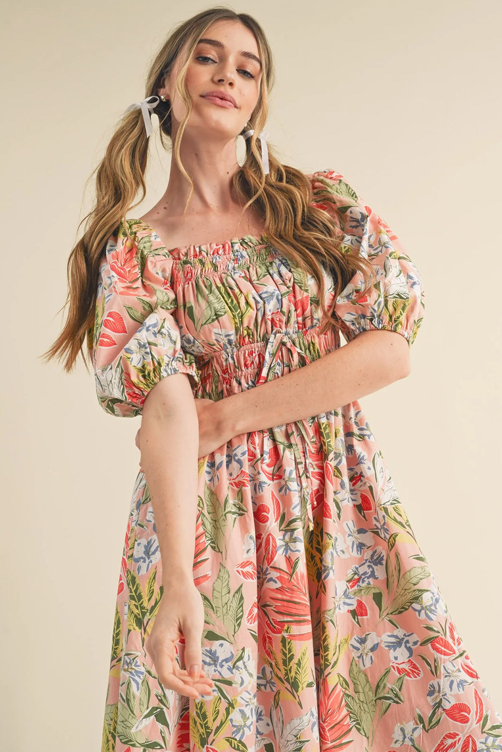Apricot Pink Floral Smocked Bust Bubble Short Sleeve Long Dress Maxi Dresses JT's Designer Fashion