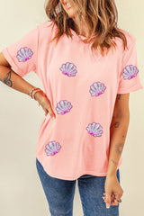 Pink Sequin Shell Graphic Round Neck T Shirt Graphic Tees JT's Designer Fashion