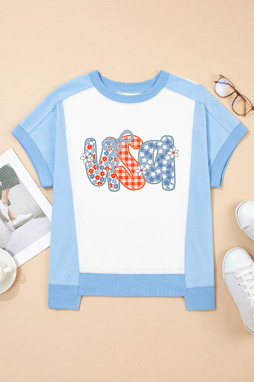 Sky Blue Star Plaid Flower USA Graphic Color Block Crewneck T Shirt Graphic Tees JT's Designer Fashion