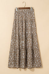 Brown Western Floral Print Ruffled Hem High Waist Loose Maxi Skirt Bottoms JT's Designer Fashion
