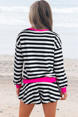 Black Stripe Contrast Ribbed Banding Long Sleeve Blouse Loose Shorts Set Short Sets JT's Designer Fashion