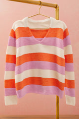 Orange Stripe Colorblock V Neck Casual Sweater Sweaters JT's Designer Fashion