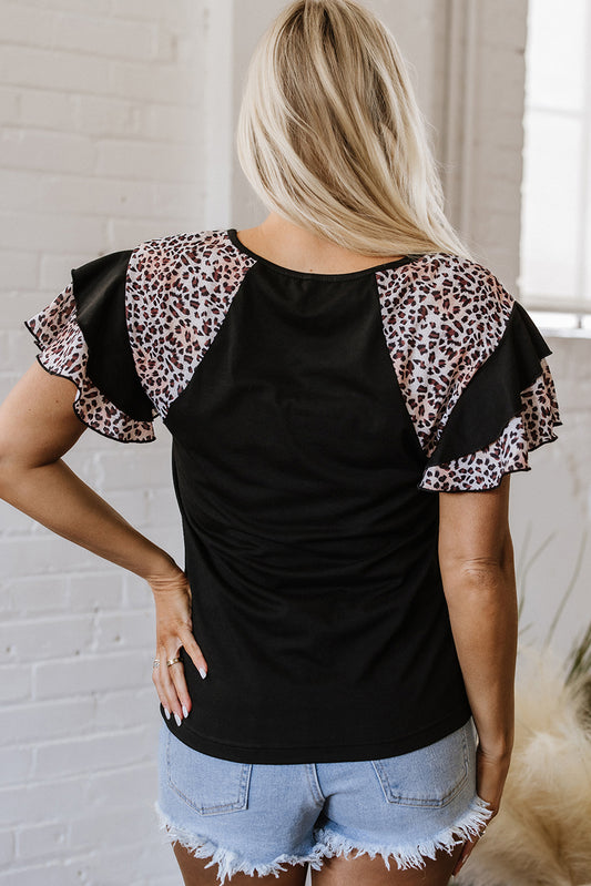 Black Leopard Patchwork Frayed USA Flag Print Ruffle Short Sleeve V Neck Tee Graphic Tees JT's Designer Fashion
