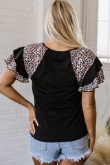 Black Leopard Patchwork Frayed USA Flag Print Ruffle Short Sleeve V Neck Tee Graphic Tees JT's Designer Fashion