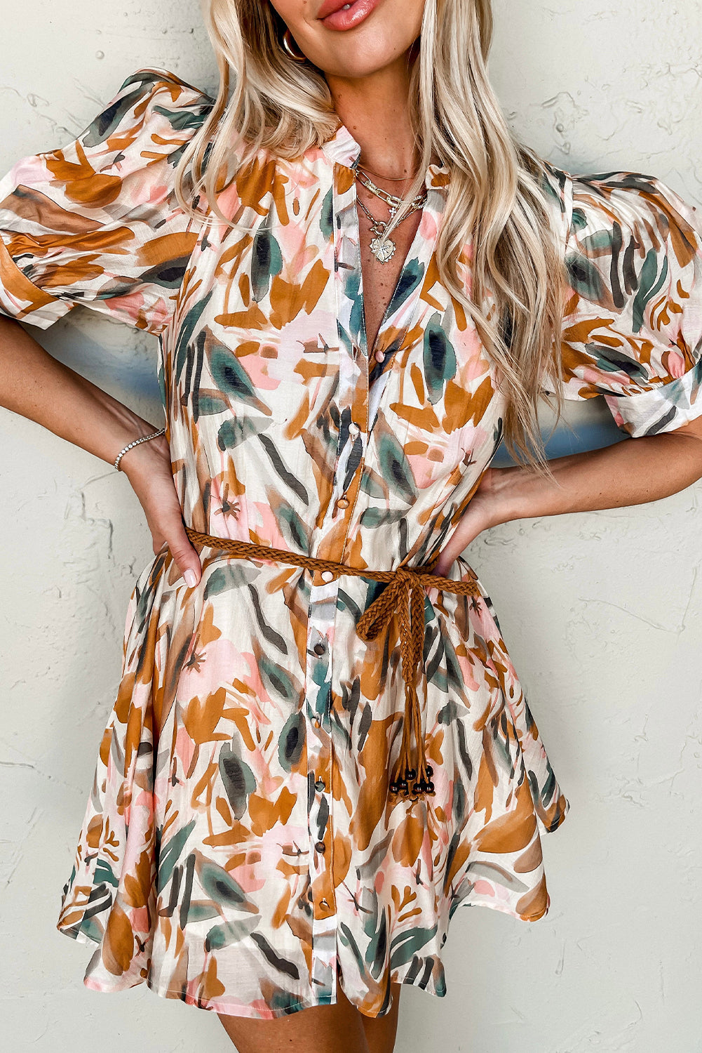 Brown Abstract Printed Puff Sleeve Button Up Braided Belt Mini Dress Mini Dresses JT's Designer Fashion