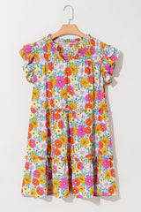 Sky Blue Floral Print Smocked Notch V Neck Flutter Sleeve Mini Dress Floral Dresses JT's Designer Fashion