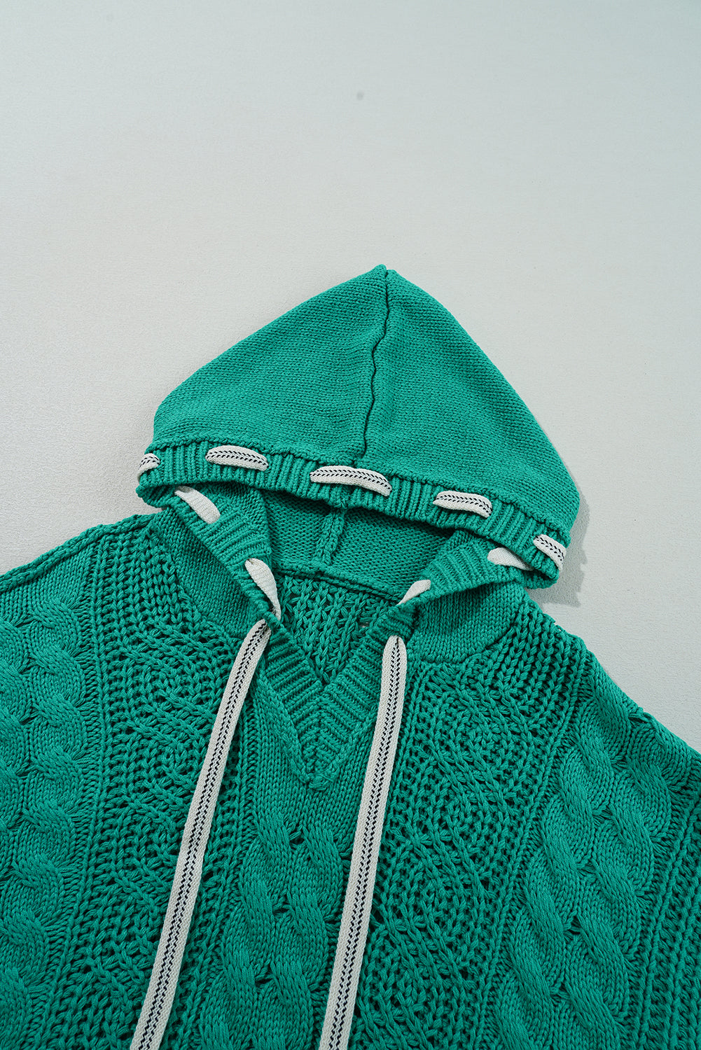 Sea Green Cable Knit V Neck Contrast Drawstring Hooded Sweater Sweaters JT's Designer Fashion