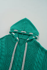 Sea Green Cable Knit V Neck Contrast Drawstring Hooded Sweater Sweaters JT's Designer Fashion