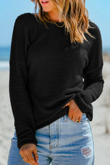 Black Waffle Knit Drop Shoulder Long Sleeve Top Long Sleeve Tops JT's Designer Fashion