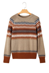 Khaki Aztec Print Colorblock Crew Neck Sweater Sweaters JT's Designer Fashion