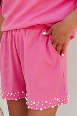 Bright Pink Textured Pearled Ruffle Sleeve Top 2 Piece Shorts Set Short Sets JT's Designer Fashion