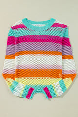 Rose Red Colorblock Patchwork Knit Crochet Eyelet Sweater Sweaters JT's Designer Fashion