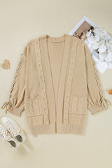 Parchment Cable Knit Braided Tie Sleeve Plus Size Open Cardigan Plus Size Sweaters & Cardigans JT's Designer Fashion